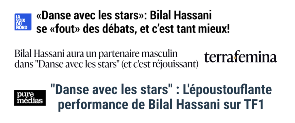 Titres de presse sur la participation de Bilal Hassani à Danse avec les stars DALS