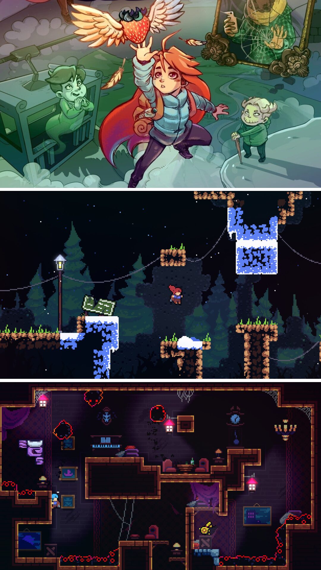 Images de Celeste, un jeu vidéo célébré pour sa narration inclusive et sa représentation queer.
