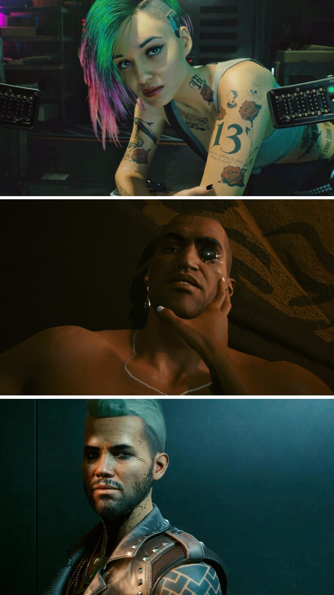 Images du jeu Cyberpunk 2077, proposant une diversité LGBTQ+ intégrée dans son univers futuriste.