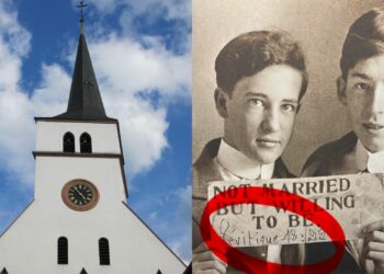 Photographie de l’exposition Ils s’aiment à l’église Saint-Guillaume à Strasbourg, vandalisée par un acte homophobe