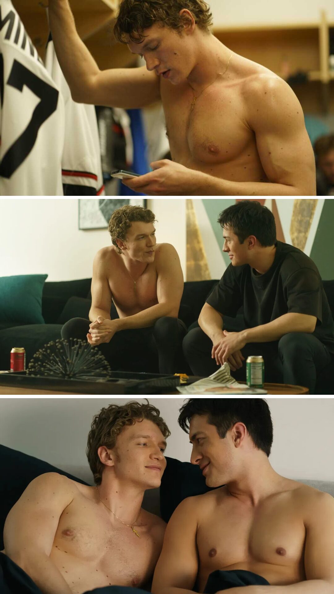 Ilya et Shane, Personnages masculins musclés dans Heated Rivalry illustrant les normes corporelles imposées aux hommes gay.